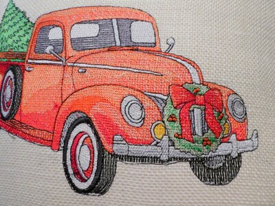 Burlap Christmas pillow, Embroidered Red Truck pillow cover - image4